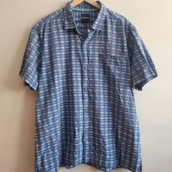 Tommy Bahama Shirt Mens 2XL Blue Plaid Silk Cotton Short Sleeve Button Up Marlin